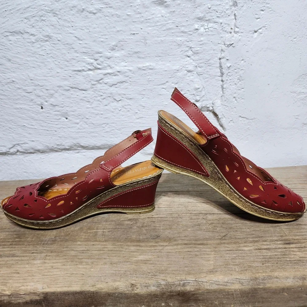 Patrizia by Spring Step Red Wedge‎ Sandals Peep Toe Laser Cut Slingback Women 9